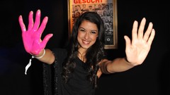 Woman hands smiling models black dress black hair Rebecca Mir