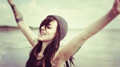 Woman happy tattoos long hair brunettes black hair
