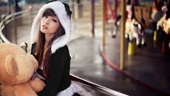 Woman hats asians brunettes models teddy bears