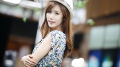 Woman hats asians long hair brunettes models Korean depth of 