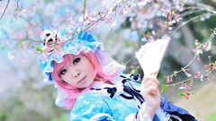 Woman hats asians pink hair short hair touhou cherry blossoms 
