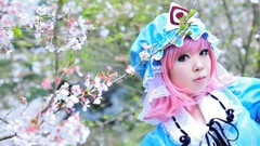 Woman hats asians pink hair short hair touhou cherry blossoms 