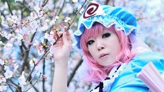 Woman hats asians pink hair short hair touhou cherry blossoms 