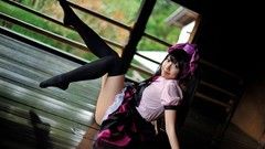 Woman hats bows asians skirts long hair pigtails touhou black 