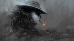 Woman hats Cigarettes smoking black hair digital art grayscale