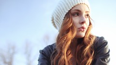 Woman hats jackets outdoors long hair open mouth redheads 