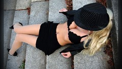 Woman hats legs stockings blondes skirts bra