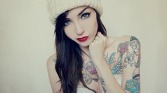 Woman hats lipstick tattoos blue eyes brunettes black hair red 