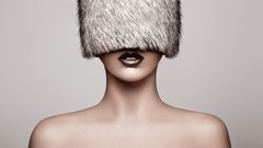 Woman hats models grey background topless