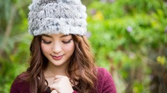 Woman hats outdoors asians closed eyes brunettes models