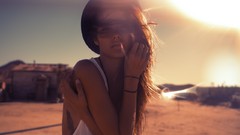 Woman hats outdoors tattoos long hair brunettes models