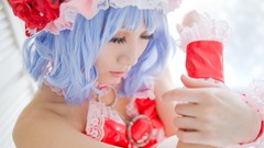 Woman hats red eyes blue hair short hair remilia scarlet touhou 