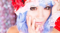 Woman hats red eyes faces blue hair short hair remilia scarlet 