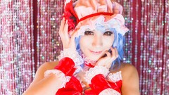 Woman hats red eyes faces blue hair short hair remilia scarlet 