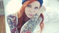 Woman hats redhead tank tops tattoos blue eyes