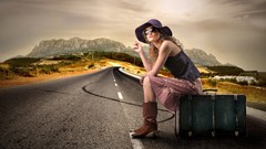 Woman hats roads Journey roadside suitcase travel trip 
