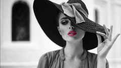 Woman hats selective coloring pink lipstick