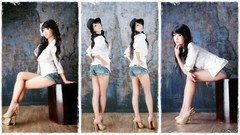 Woman hats Shorts asians bangs models black hair skinny Korean 
