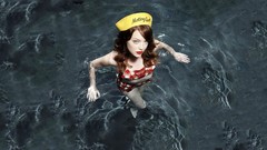 Woman hats swimming Actress emma stone looking up