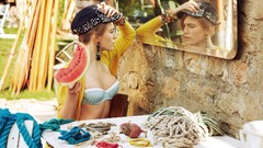 Woman hats watermelons models bra mirrors redheads cleavage 