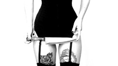 Woman Headless Knives monochrome stockings tattoos corset 