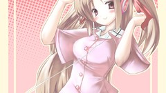 Woman headphones brown Ribbons blush smiling long hair anime 