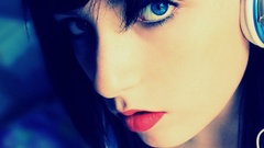 Woman headphones close-up lips blue eyes portraits