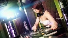 Woman headphones DJ asians short hair redheads hair in face