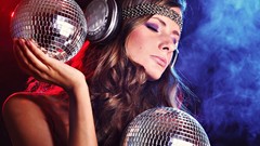 Woman headphones DJ disco brunettes models disco ball