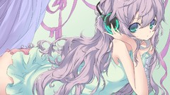 Woman headphones dress anime girls green eyes purple hair 