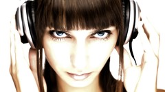 Woman headphones faces blue eyes brunettes
