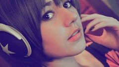 Woman headphones faces brunettes models