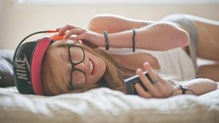 Woman headphones glasses beds lying down panties girls with 