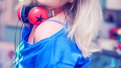 Woman headphones glasses long hair piercings cosplay