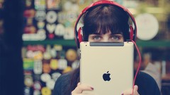 Woman headphones ipad brunettes bangs