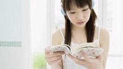 Woman headphones Japanese asians