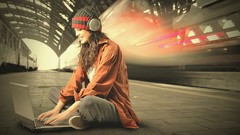 Woman headphones Laptops brunettes train stations