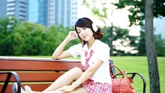 Woman headphones legs shirts asians skirts school uniforms 