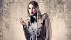 Woman headphones lips blondes cigars red lipstick