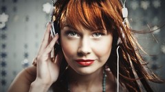 Woman headphones lips redheads