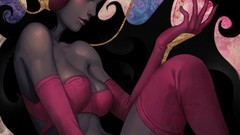 Woman headphones long hair bra black hair artwork