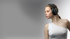 Woman headphones models nipples through clothing