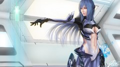 Woman headphones navel red eyes gloves suit 3d blue hair long 