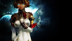 Woman headphones planets bows blondes anime girls blue eyes 