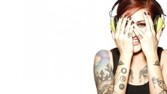 Woman headphones white background tattoos smiling covering 