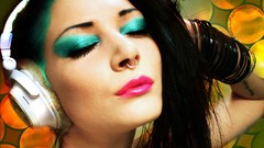 Woman headphones Worlds two flying between