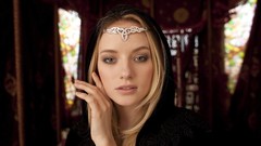 Woman hood costume faces blondes blue eyes models cosplay 