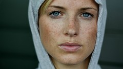 Woman hood faces blondes blue eyes freckles