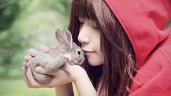 Woman hoodies asians Bunnies brunettes bangs