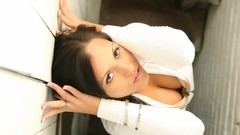 Woman hoodies brunettes cleavage looking up downblouse Janessa 